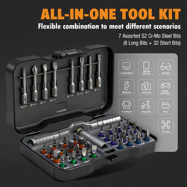 Alt view image 7 of 7 - 42 in 1 Magnetic Ratchet Screwdriver Set, DIY Ratchet Screwdriver Set, Multi Bit Magnetic Drive Set with Detachable Ratchet Handle, Portable Gray Repair Tool Kit for Furniture, Computer, Bicycle