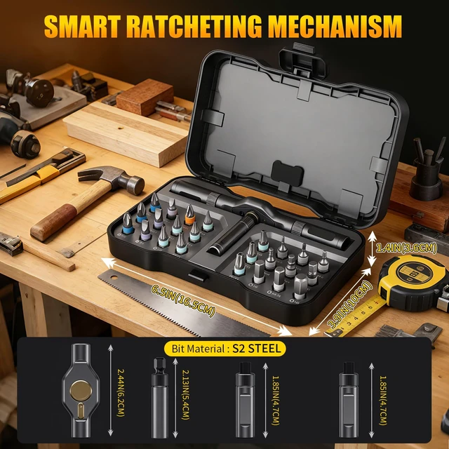 Alt view image 6 of 7 - 24 in1 Magnetic Screwdriver Set, Multi-Bit Ratchet Screwdriver Kit with S2 Steel Precision Bits,Detachable T-Handle Ratchet Screwdriver Set for PC,Bicycle, Electronics, Furniture, DIY, Gift for Him
