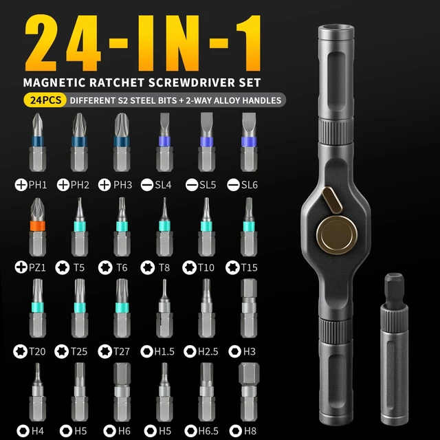 Alt view image 2 of 7 - 24 in1 Magnetic Screwdriver Set, Multi-Bit Ratchet Screwdriver Kit with S2 Steel Precision Bits,Detachable T-Handle Ratchet Screwdriver Set for PC,Bicycle, Electronics, Furniture, DIY, Gift for Him