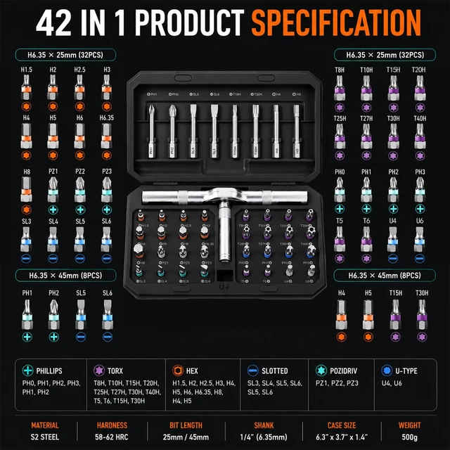 Alt view image 2 of 7 - 42 in 1 Magnetic Screwdriver Set, Ratcheting Screwdriver Set with T Handle and S2 Steel Bits, Repair Tool Kit for Computer, Eyeglass, Bicycle, Watch, Furniture and Daily DIY