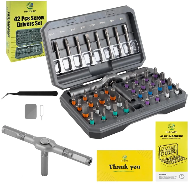 Main image of 42 in 1 Magnetic Ratchet Screwdriver Set - S2 Steel, T Handle | 42 S2 Steel Bits, Aluminum T Handle, 80% Effort Saving - Phillips, Flathead, Torx, Hex - Portable Case, SIM Tool, Tweezer