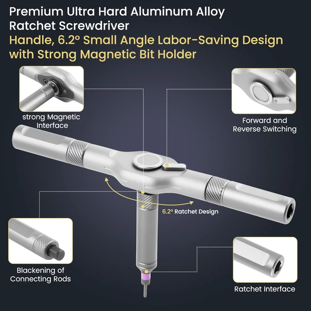 Alt view image 4 of 7 - 42 in 1 Magnetic Ratchet Screwdriver Set - S2 Steel, T Handle | 42 S2 Steel Bits, Aluminum T Handle, 80% Effort Saving - Phillips, Flathead, Torx, Hex - Portable Case, SIM Tool, Tweezer