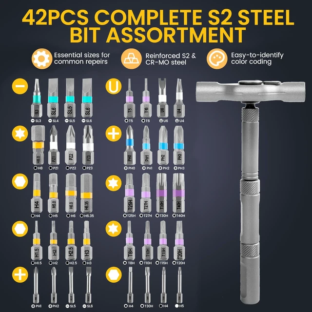 Alt view image 2 of 7 - 42 in 1 Magnetic Ratchet Screwdriver Set - S2 Steel, T Handle | 42 S2 Steel Bits, Aluminum T Handle, 80% Effort Saving - Phillips, Flathead, Torx, Hex - Portable Case, SIM Tool, Tweezer