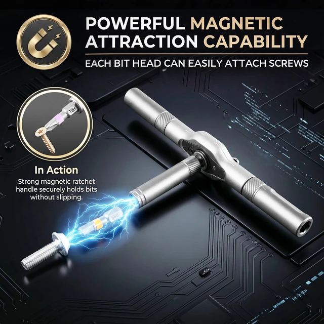 Alt view image 5 of 7 - 42 in 1 Magnetic Ratchet Screwdriver Set - S2 Steel, T Handle | 42 S2 Steel Bits, Aluminum T Handle, 80% Effort Saving - Phillips, Flathead, Torx, Hex - Portable Case, SIM Tool, Tweezer