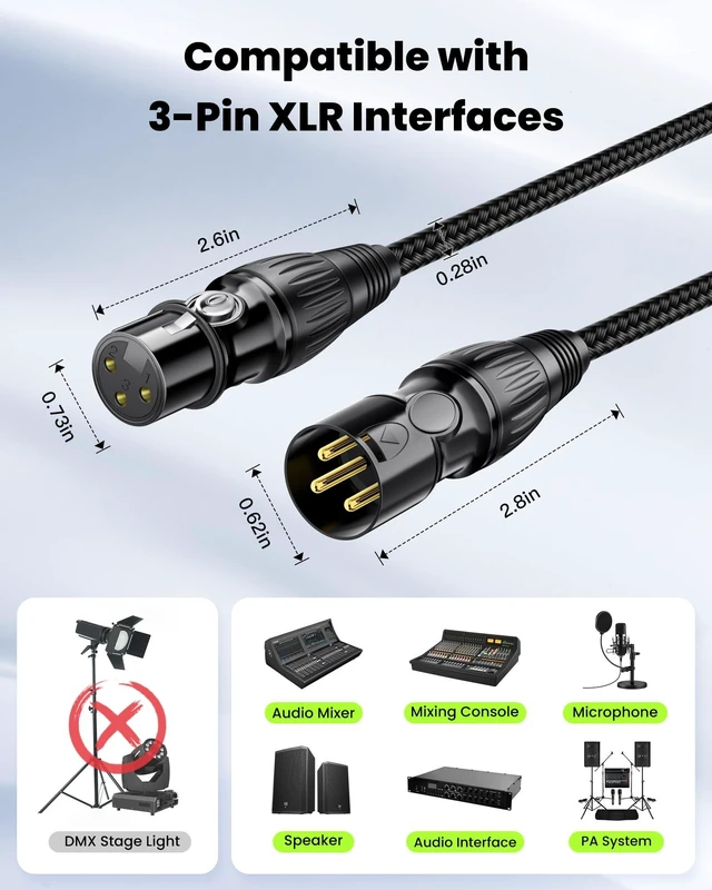 Alt view image 5 of 7 - XLR Cable 10ft 2 Pack, Dual Shielded OFC XLR Microphone Cable | Male to Female Braided Balanced Mic Cord with Gold-Plated 3-Pin for Mixer, Speaker Systems, 10 Feet