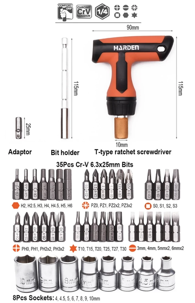 Alt view image 2 of 6 - 46 Piece Ratchet Screwdriver Set - Pro T Type Ratchet Screwdriver with Quick Release - Magnetic Tips includes Phillips, Slotted, Hex,Torx,Pozi,Square - 4-10mm Socket Set - Ergo Handle