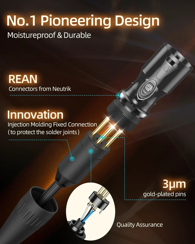 Alt view image 4 of 7 - XLR Cables 15ft Balance Microphone Cable 99.99% OFC, Rean-Neutrik Gold Connectors, Premium Male to Female XLR Mic Cord, Noise-Free Hi-Fi XLR Cable Durable Nylon Braided for Recording