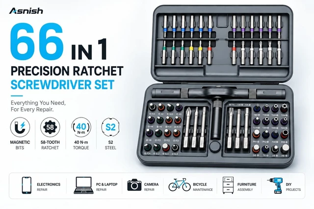 Alt view image 7 of 7 - 66 in 1 Ratcheting Screwdriver Set, 58-Tooth T-Handle with Pad | Repair Kit for Electronics, Laptop, PC, Game Console, Furniture, Bike