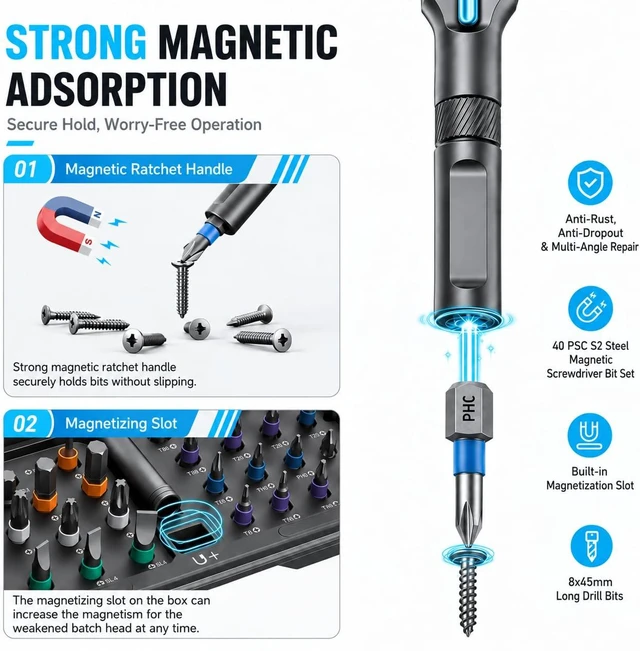 Alt view image 6 of 7 - 66 in 1 Ratcheting Screwdriver Set, 58-Tooth T-Handle with Pad | Repair Kit for Electronics, Laptop, PC, Game Console, Furniture, Bike