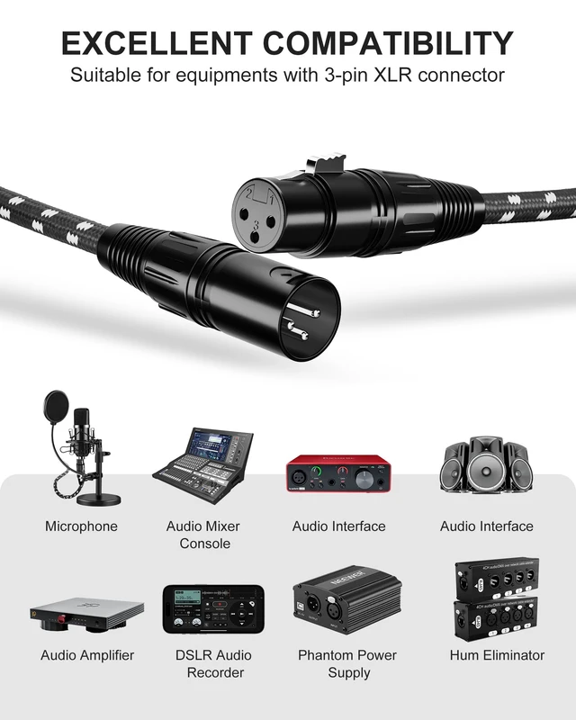 Alt view image 3 of 7 - XLR Cables 25ft 2Pack, Durable Nylon Braided XLR Microphone Cable | OFC conductors, double shielding, balanced 3-pin XLR, metal connectors, for microphones, mixers and speakers
