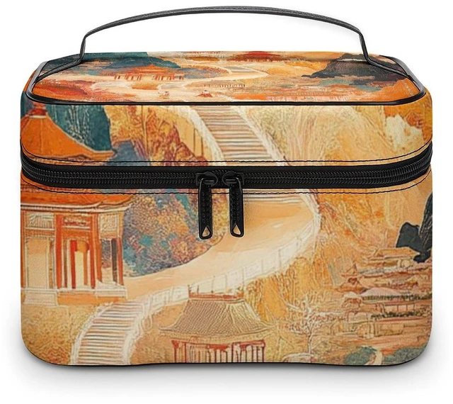 Main image of HERCHA Travel Makeup Case Retro Ancient Palace Scroll Artwork Pattern Toiletry Bag Portable Cosmetic Organizer Bags with Compartments and Handle Storage Pouch for Business Trip, Gym, Backpacking