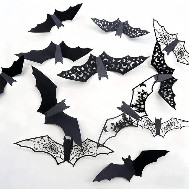 Main image of 24Pcs Large Halloween Bats Wall Decorations Bats Wall Stickers 3D Self-Adhesive PVC Bats Wall Decals Removable Hollow Bats Window Stickers Walls Clings Decoration for Halloween Party Indoor Supplies
