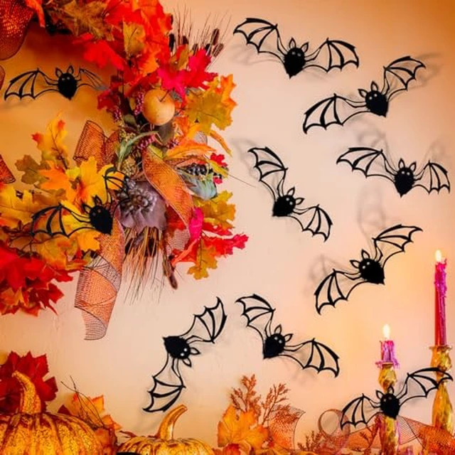 Alt view image 2 of 2 - 24Pcs Halloween Decorations Horror 3D Bat Wall Decals Black Red Hollow Out Bats Window Decor, Self-Adhesive PVC Realistic Bats Wall Stickers Scary Halloween Parties Decorations for Home Indoor