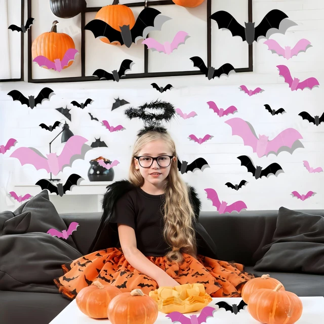 Main image of 48Pcs 3D Bats Wall Decals Removable Rose Pink Black Bat Designs Wall Decor Halloween 3D Bats Wall Stickers 3D Bat Stickers for Home Indoor Room Outdoor Summer Halloween Party Scene Decals Decoration