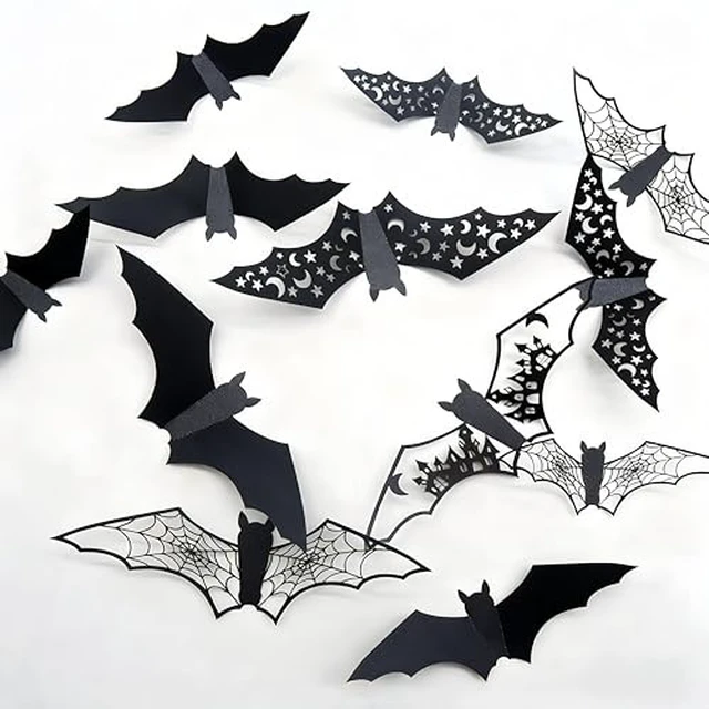 Alt view image 2 of 2 - 24Pcs Large Halloween Bats Wall Decorations Bats Wall Stickers 3D Self-Adhesive PVC Bats Wall Decals Removable Hollow Bats Window Stickers Walls Clings Decoration for Halloween Party Indoor Supplies