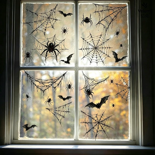 Main image of 4 Sheets Halloween Window Clings Spooky Window Stickers with Black Spider Design Double Sided Bats Spider Web Glass Decals Removable Window Decals Seasonal Decorations for Home Classroom Party