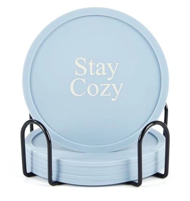 Alt view image 2 of 2 - Silicone Coasters Set of 6, Premium Drink Coaster with Holder, Non-Slip, Non-Stick, Dishwasher Safe, Perfect for Hot and Cold Drinks, Protect Your Desks and Tables(3 Morandi Blue + 3 Black)