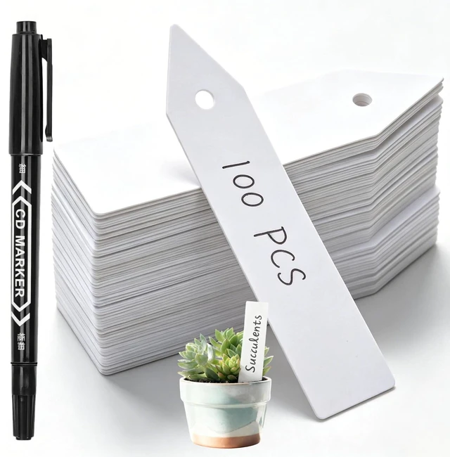 Main image of 100PCS 2-in-1 Plastic Plant Labels with Pen, 4" x 0.8" Waterproof Garden Markers Seed Tags, Reusable PVC Plant Tags for Outdoor Indoor Gardening Greenhouse Vegetable