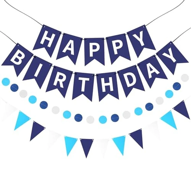 Alt view image 2 of 5 - Blue Happy Birthday Banner Hanging Sign Circle Dot Triangle Bunting