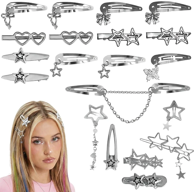 Main image of 20 PCS Y2K Silver Star Hair Clips, Non-Slip Metal Snap Barrettes for Women Girls, Aesthetic Accessories for Fine Thick Hair, Cute Star Pins for Music Festival Rave Party Streetwear