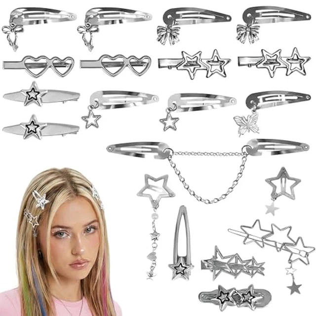 Alt view image 2 of 7 - 20 PCS Y2K Silver Star Hair Clips, Non-Slip Metal Snap Barrettes for Women Girls, Aesthetic Accessories for Fine Thick Hair, Cute Star Pins for Music Festival Rave Party Streetwear