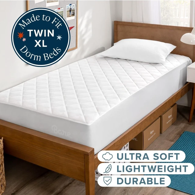 Alt view image 2 of 7 - Quilted Twin XL Mattress Pad | Twin Extra Long Fitted Mattress Cover, Quilted Breathable Protector Topper Pad, Fits 8-16 Inches Deep, Washable, Dorm Beds