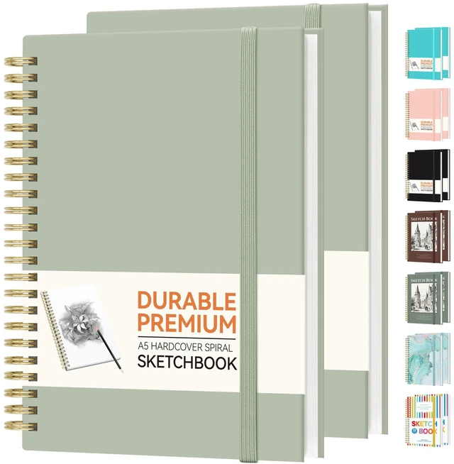Main image of 2 Pack Blank Spiral Notebook, 8"x 5.6"Hardcover Sketch Book | 100GSM Thick Paper,Art Sketchbook for Women&Adult, 100 pages/50 Sheets Drawing Book Journal for School Office Drawing, Green