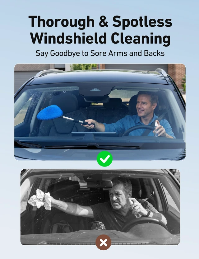 Alt view image 3 of 7 - 21" Extra-Long Windshield Cleaner Tool & Car Interior Detailing Kit | Extendable Handle, 4 Reusable Microfiber Pads, Streak & Lint-free, Auto Glass Wiper Brush for Car & Home, Blue