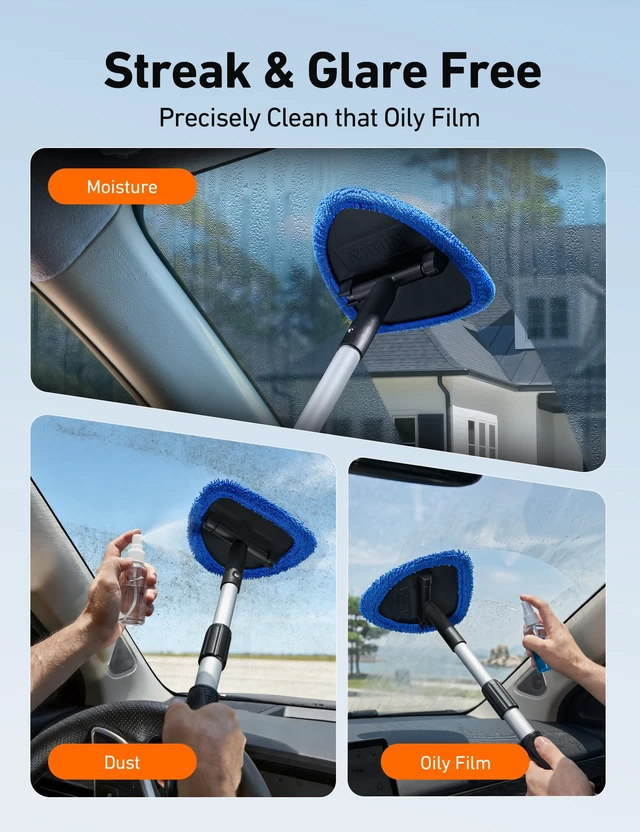 Alt view image 5 of 7 - 21" Extra-Long Windshield Cleaner Tool & Car Interior Detailing Kit | Extendable Handle, 4 Reusable Microfiber Pads, Streak & Lint-free, Auto Glass Wiper Brush for Car & Home, Blue