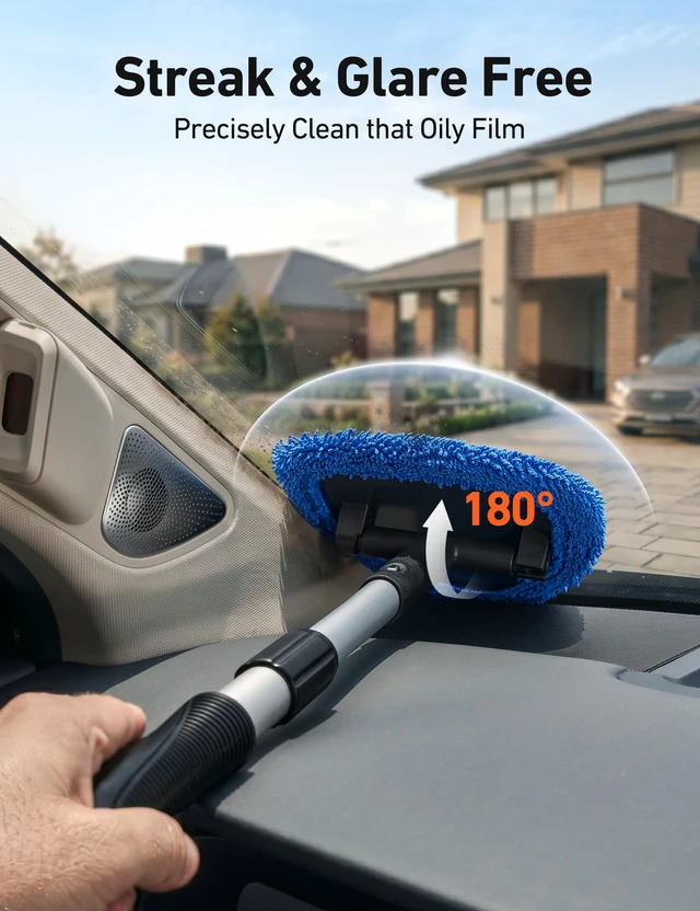 Alt view image 2 of 7 - 21" Extra-Long Windshield Cleaner Tool & Car Interior Detailing Kit | Extendable Handle, 4 Reusable Microfiber Pads, Streak & Lint-free, Auto Glass Wiper Brush for Car & Home, Blue
