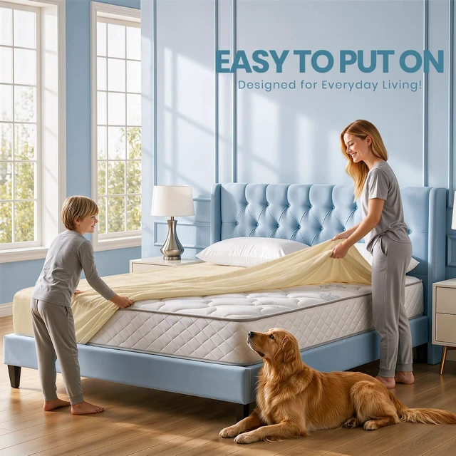 Alt view image 6 of 7 - Waterproof Twin Size Mattress Protector fits upto 15" deep Mattresses | Bedding 200 GSM Soft & Breathable Mattress Cover, Dirt-Proof, Noiseless, Machine Washable Fitted Sheet Style, Beige
