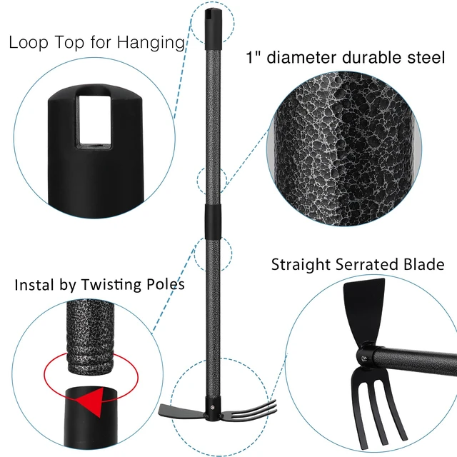 Alt view image 6 of 7 - Hoe and Cultivator Gardening Hand Tools, Heavy Duty Stainless Steel Garden Hoe and 3 Fork Hand Tiller for Gardening Weeding Planting with Adjustable Handle 45 inch