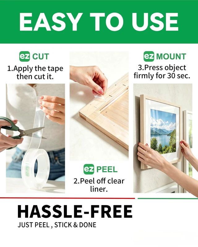 Alt view image 6 of 7 - Heavy Duty Invisible Bond Nano Double Sided Mounting Tape, 9.85FT | Nano-Tech, Holds up to 72 lbs, All-Purpose, Instant Hold, Industrial-Strength Adhesive, Indoor & Outdoor Decor,Back to School