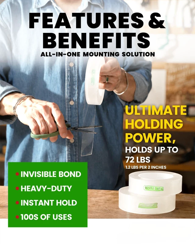 Alt view image 2 of 7 - Heavy Duty Invisible Bond Nano Double Sided Mounting Tape, 9.85FT | Nano-Tech, Holds up to 72 lbs, All-Purpose, Instant Hold, Industrial-Strength Adhesive, Indoor & Outdoor Decor,Back to School