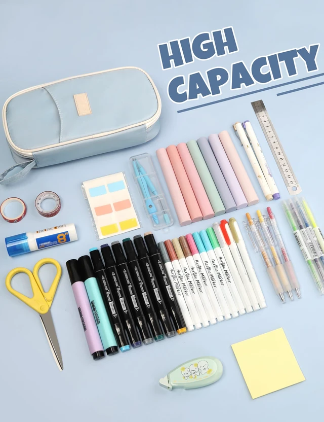 Alt view image 2 of 7 - Cute Pencil Case, Aesthetic Pen Pouch, Colored Large Pencil Bag with Zipper, Kawaii Stationery Storage and Organizer, School Supplies for Teen and Adult Girls, Blue