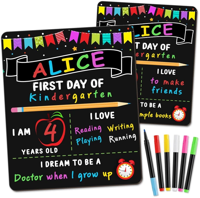 Main image of First Day of School Sign Board with 6 Liquid Chalk Markers | 10 x 12 Inch, Double Sided, Back to School Board, Reusable Wooden Board, Preschool and Kindergarten, Kids, Girls and Boys