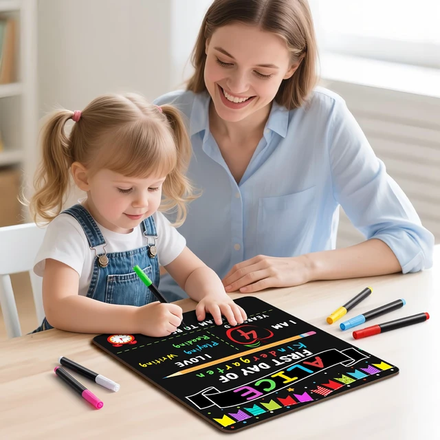 Alt view image 3 of 7 - First Day of School Sign Board with 6 Liquid Chalk Markers | 10 x 12 Inch, Double Sided, Back to School Board, Reusable Wooden Board, Preschool and Kindergarten, Kids, Girls and Boys
