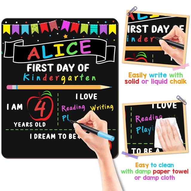 Alt view image 4 of 7 - First Day of School Sign Board with 6 Liquid Chalk Markers | 10 x 12 Inch, Double Sided, Back to School Board, Reusable Wooden Board, Preschool and Kindergarten, Kids, Girls and Boys