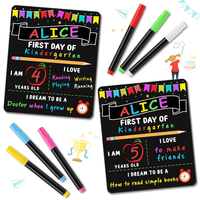 Alt view image 5 of 7 - First Day of School Sign Board with 6 Liquid Chalk Markers | 10 x 12 Inch, Double Sided, Back to School Board, Reusable Wooden Board, Preschool and Kindergarten, Kids, Girls and Boys