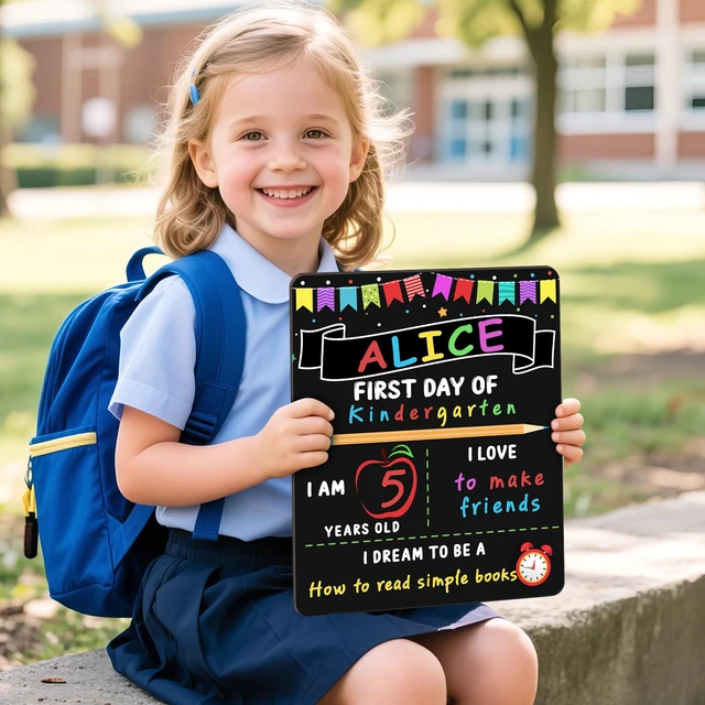 Alt view image 6 of 7 - First Day of School Sign Board with 6 Liquid Chalk Markers | 10 x 12 Inch, Double Sided, Back to School Board, Reusable Wooden Board, Preschool and Kindergarten, Kids, Girls and Boys