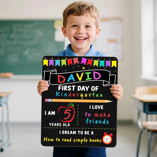 Alt view image 7 of 7 - First Day of School Sign Board with 6 Liquid Chalk Markers | 10 x 12 Inch, Double Sided, Back to School Board, Reusable Wooden Board, Preschool and Kindergarten, Kids, Girls and Boys