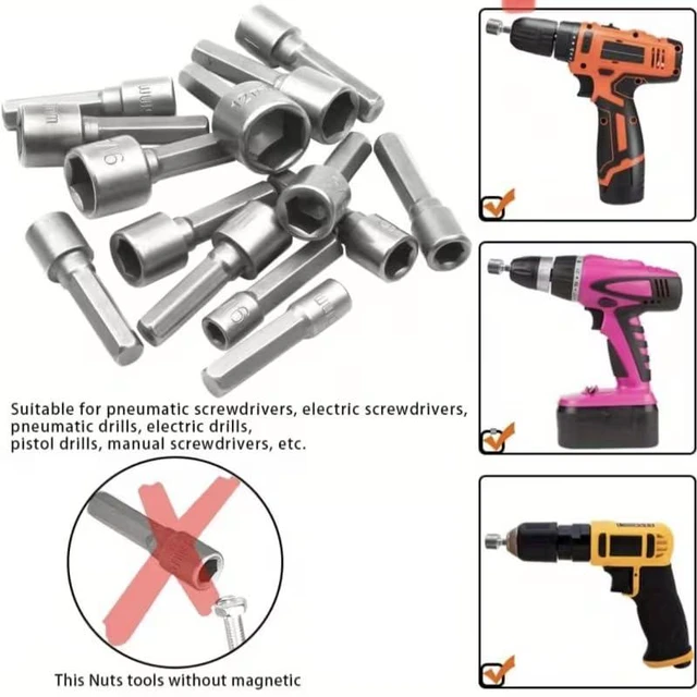 Alt view image 4 of 6 - 14 Piece Magnetic Nut Driver Set, 1/4 Hex Shank Impact Socket Drill Bit Set | Heavy Duty Alloy Steel Nut Driver Bits, Universal Drill Attachments for Impact Driver Electric Drill Metric SAE Size