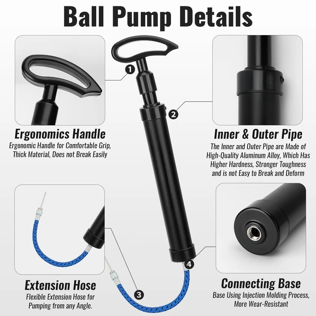Alt view image 2 of 6 - 10.6 Inch Ball Pump, Lightweight Portable Hand Air Pump | Ball Pump for Football, Basketball, Volleyball, Balloon, Quick Inflation Come with Extension Hose, Ball Needles, Nozzl