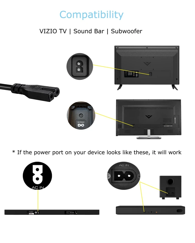 Alt view image 2 of 3 - 2 Prong Polarized Power Cord for Vizio D/E/M Series TV | 5 Feet, UL Listed Replacement Cable, Sturdy and Durable, Good Quality, Compatible with Sound Bar/Speaker