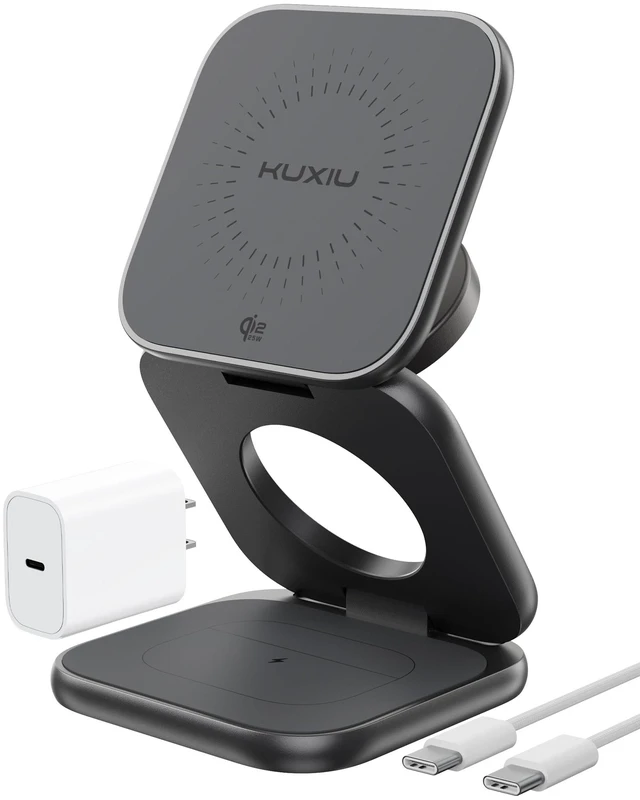 Main image of KU XIU Qi2.2 25W Magnetic Wireless Charger, Foldable 3 in 1 Travel Charging Station for iPhone 17/16/15/14/13/12, 5W for Apple Watch & AirPods, Aluminum Alloy Design, 45W GaN Adapter Included, Gray