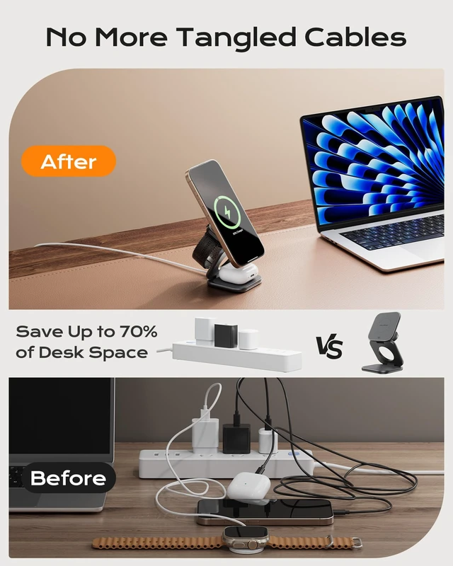 Alt view image 5 of 7 - KU XIU Qi2.2 25W Magnetic Wireless Charger, Foldable 3 in 1 Travel Charging Station for iPhone 17/16/15/14/13/12, 5W for Apple Watch & AirPods, Aluminum Alloy Design, 45W GaN Adapter Included, Gray