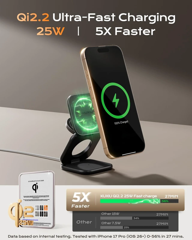 Alt view image 2 of 7 - KU XIU Qi2.2 25W Magnetic Wireless Charger, Foldable 3 in 1 Travel Charging Station for iPhone 17/16/15/14/13/12, 5W for Apple Watch & AirPods, Aluminum Alloy Design, 45W GaN Adapter Included, Black