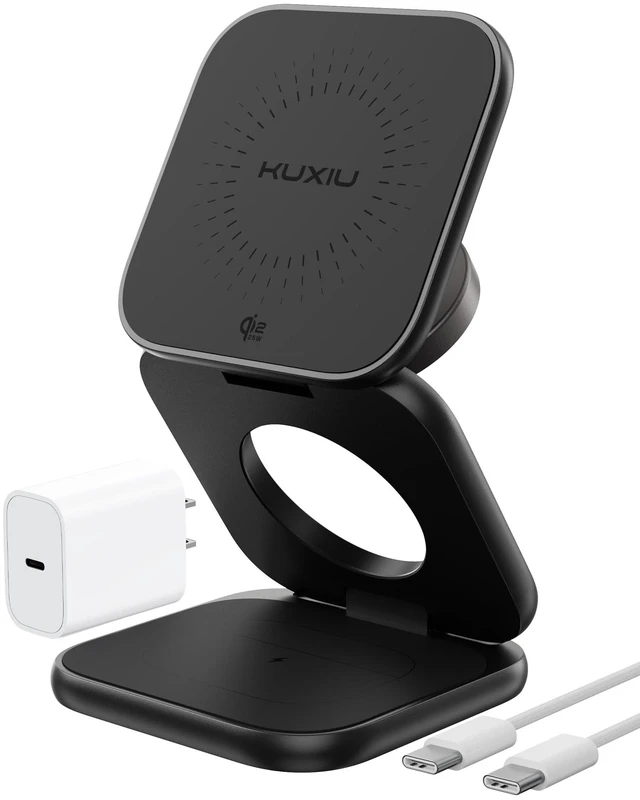 Main image of KU XIU Qi2.2 25W Magnetic Wireless Charger, Foldable 3 in 1 Travel Charging Station for iPhone 17/16/15/14/13/12, 5W for Apple Watch & AirPods, Aluminum Alloy Design, 45W GaN Adapter Included, Black