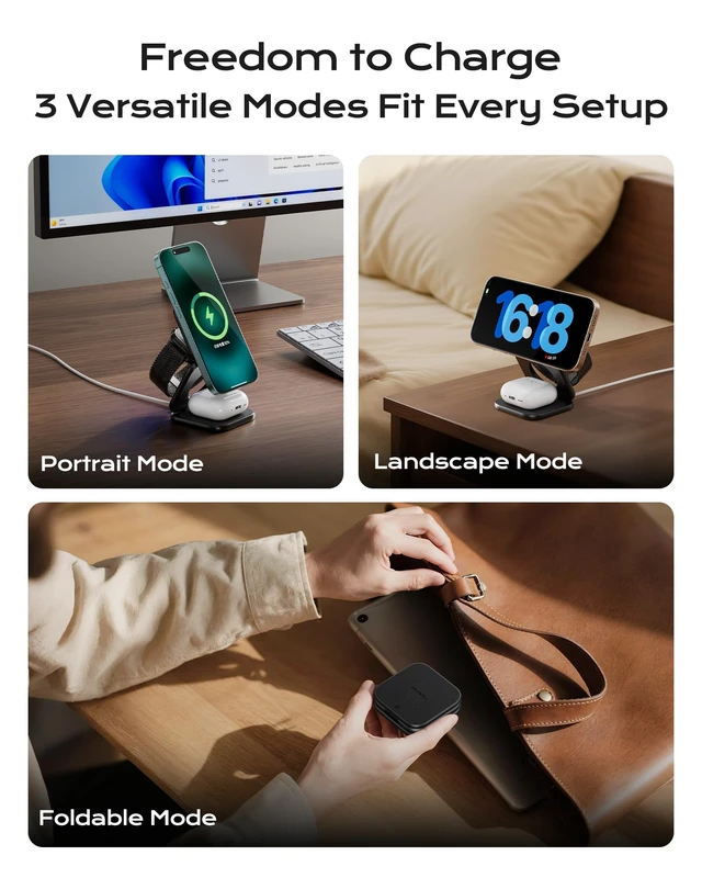 Alt view image 3 of 7 - KU XIU Qi2.2 25W Magnetic Wireless Charger, Foldable 3 in 1 Travel Charging Station for iPhone 17/16/15/14/13/12, 5W for Apple Watch & AirPods, Aluminum Alloy Design, 45W GaN Adapter Included, Black