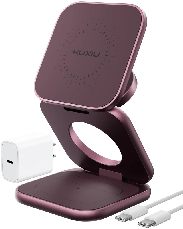 Main image of KU XIU Qi2.2 25W Magnetic Wireless Charger for iPhone 18 Pro Max, Foldable 3 in 1 Travel Charging Station for iPhone 18-12, 5W for Apple Watch & AirPods, Aluminum Alloy Design, 45W Adapter, Burgundy